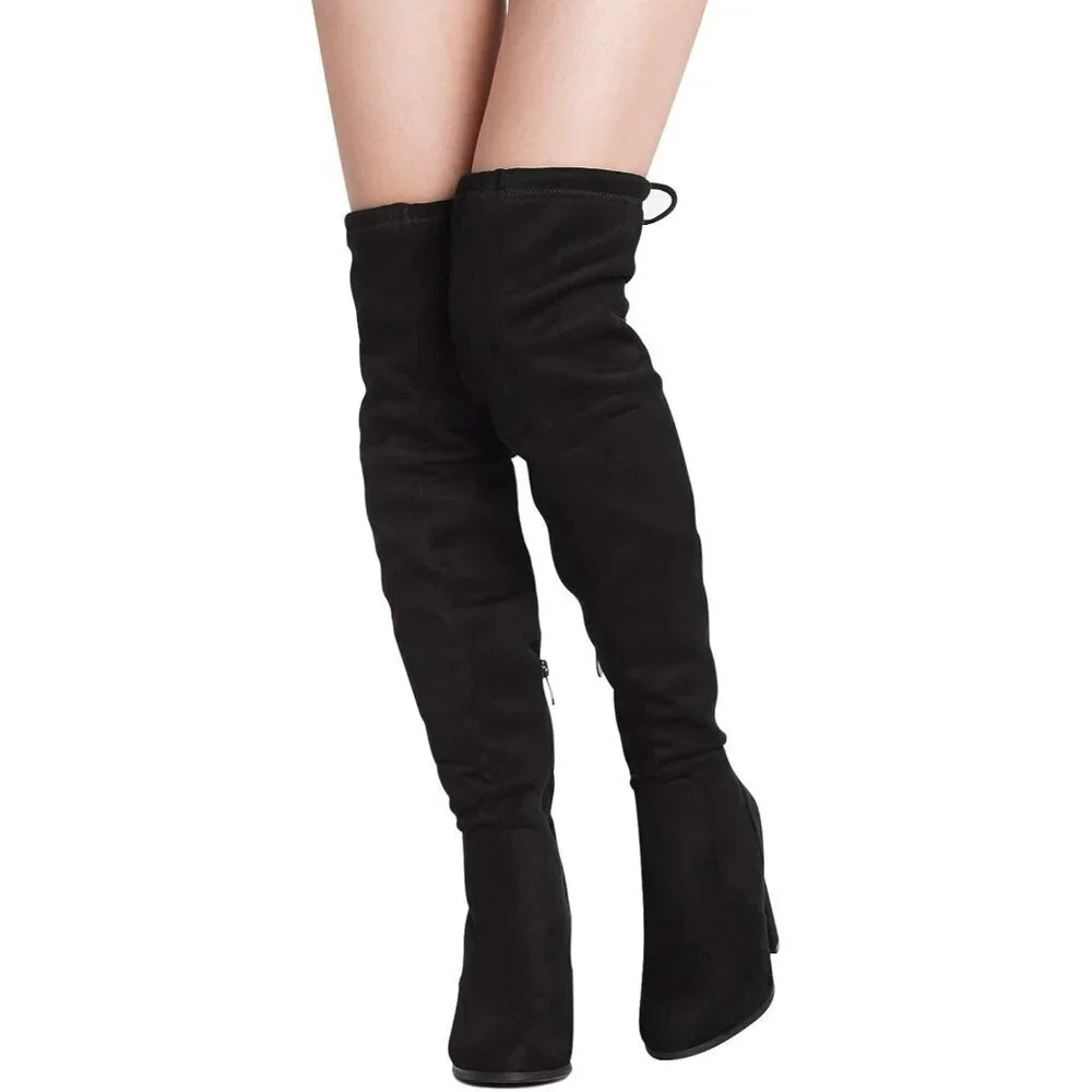 Women's Shoo-black Suede Thigh High Over The Knee Rounded Toe Fashion Boots